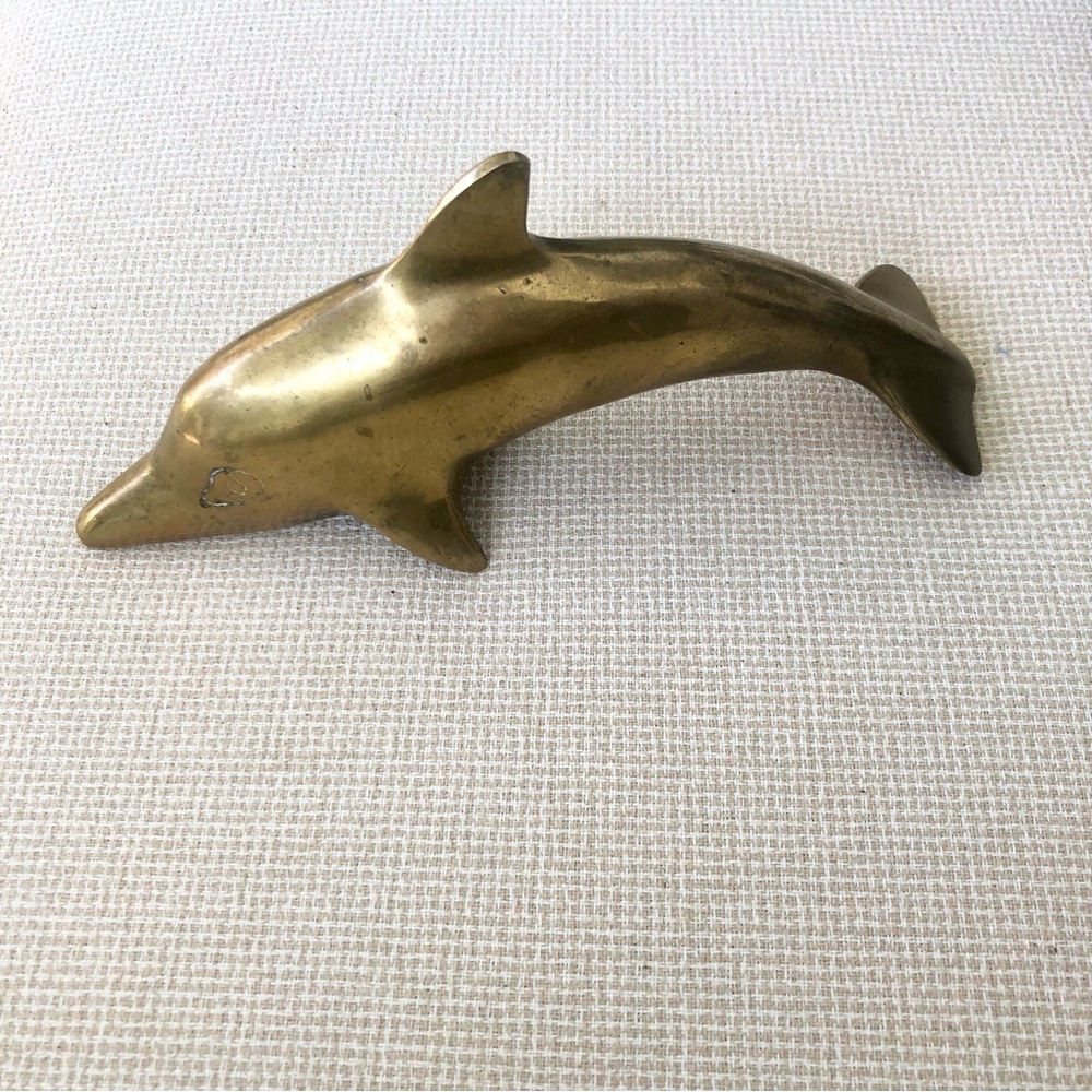 Swimming Brass Dolphin Paperweight Vintage Patina Coastal Beach decor